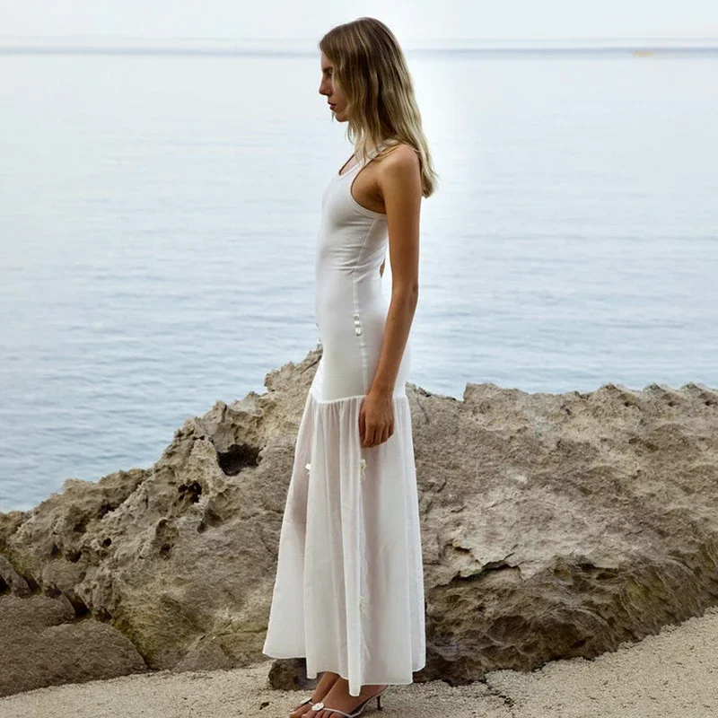 Vestido largo informal de verano con tirantes anchos, traje de dos prendas con lazo de cintura alta, malla de retazos, elegante, 2024