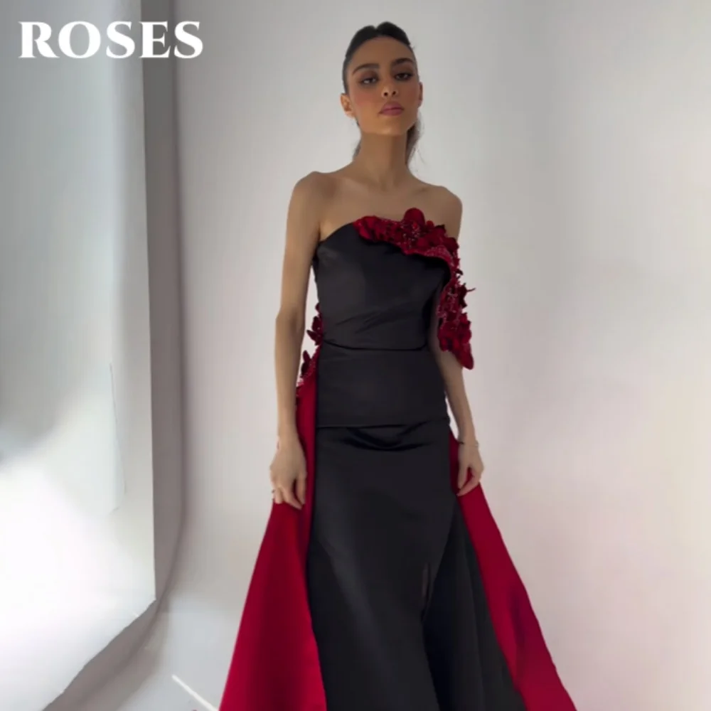 

ROSES Black Elegant Prom Dress Strapless 3D-Flowers Prom Gown Satin Side Split Long Party Dresses for Woman 프롬 드레스 Customized