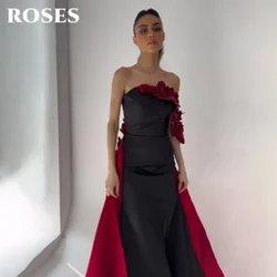 ROSES Black Elegant Prom Dress Strapless 3D-Flowers Prom Gown Satin Side Split Long Party Dresses for Woman 프롬 드레스 Customized