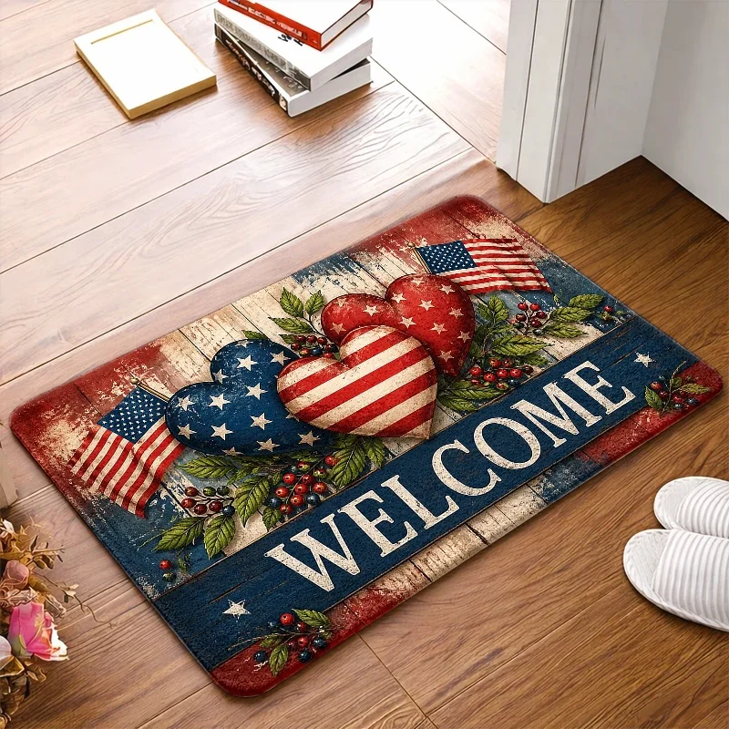 Patriotic USA Welcome Doormat American Flag Entry Rug Polyester Polyester Household Decor Rustic Style House Mat for Front Door