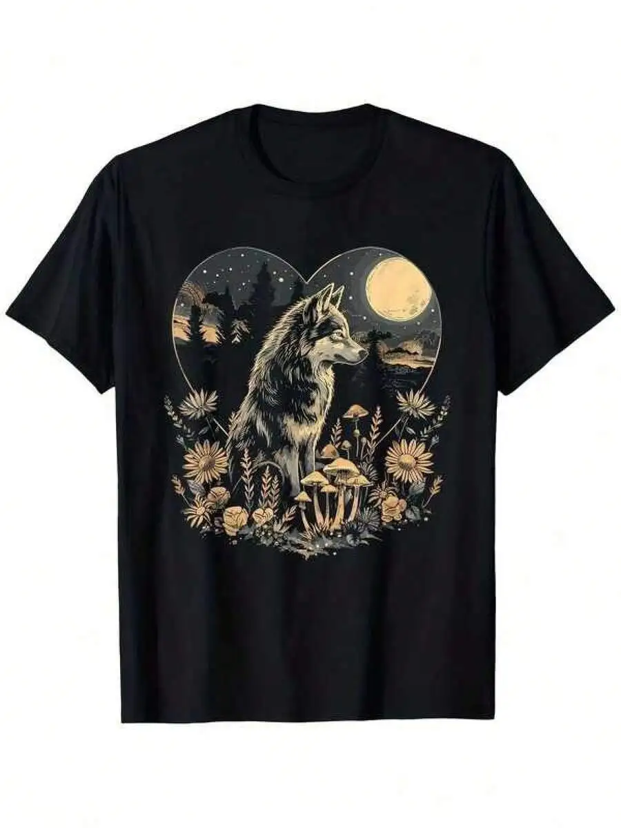 

Black Cotton Graphic Tee With Wolf Moon Heart Floral Print Loose Fit Short Sleeve Unisex