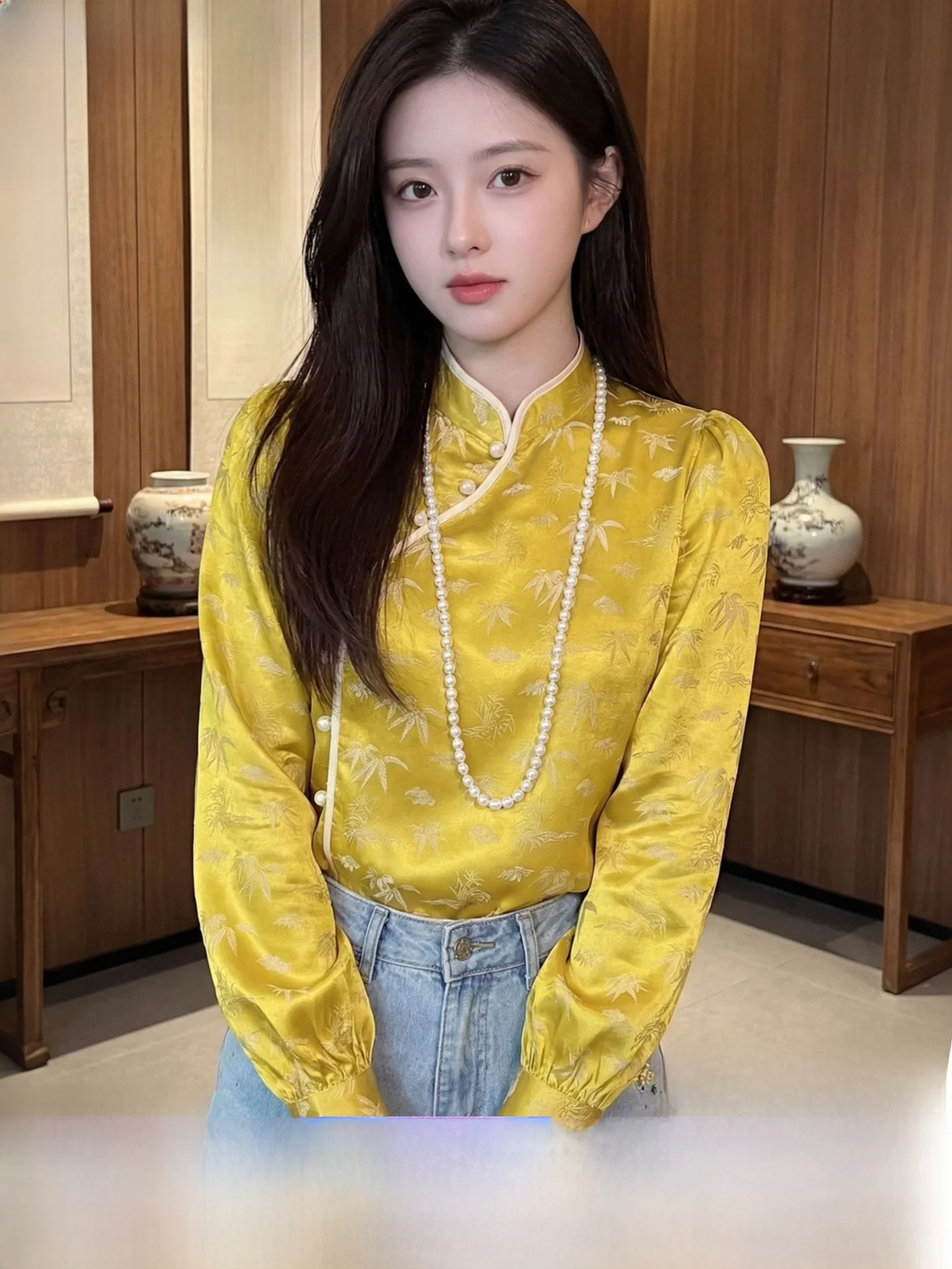 

New Chinese Sle Silk irt Women's Long Sve Top Beautiful Early Spring Faion Straight Cut Bamboo Le Pattern Casual Wear