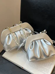 Silver Crossbody Bag for Women Summer Pu Leather Pleated Casual Versatile Beading Handbag Ladies Simple Cluth One Shoulder Bags