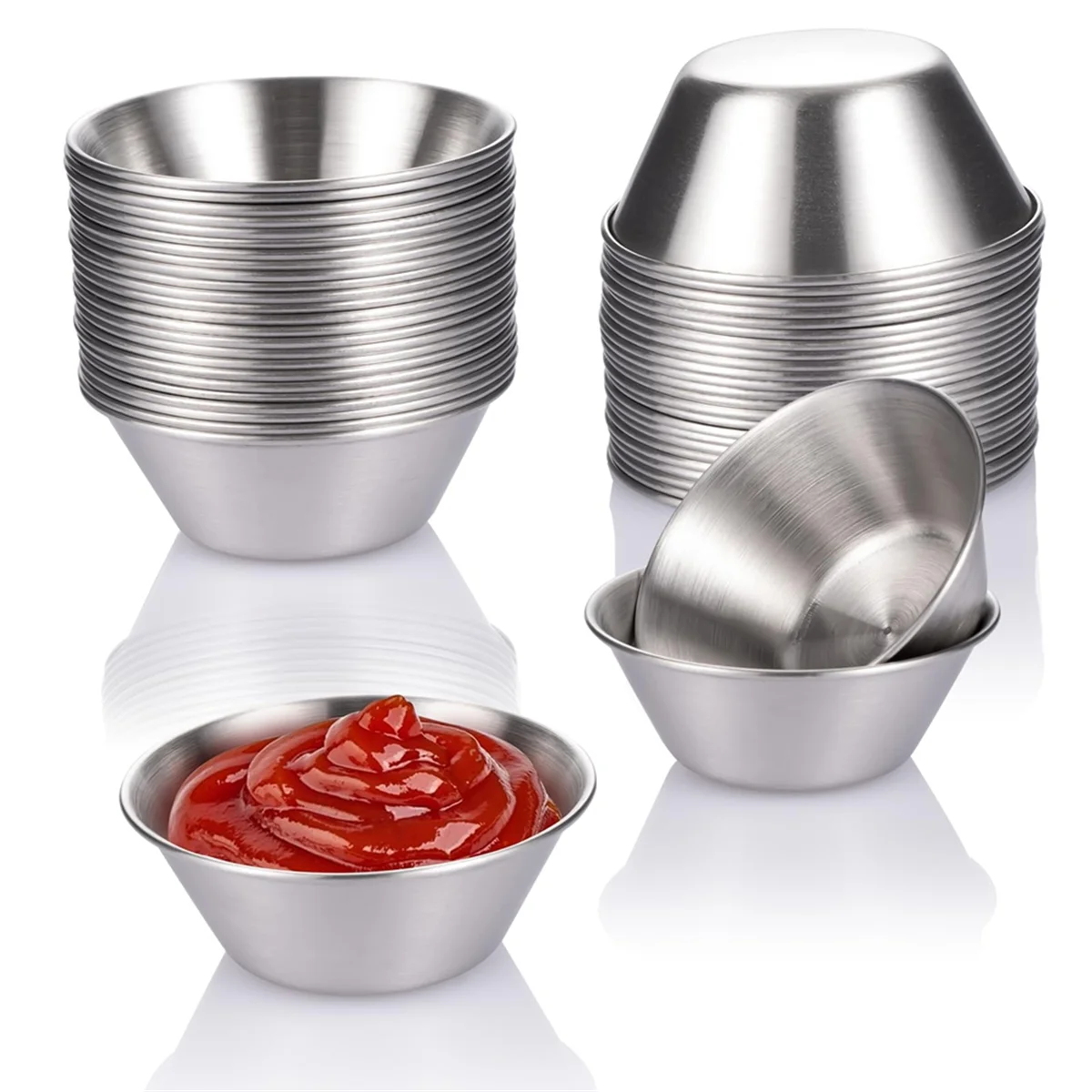 24 Pack Stainless Steel Sauce Cups,50ml Reusable Round Condiment Cups, Dipping Sauce Cup, Stackable Individual Metal Cup