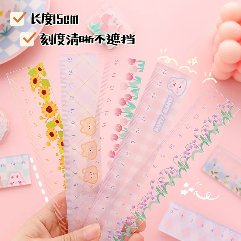 Kawaii Flor Transparente Régua Acrílica, Bonito Girassol Tulipa Régua Reta, Multifuncional Estudante Elaboração Ferramenta Suprimentos, 15cm