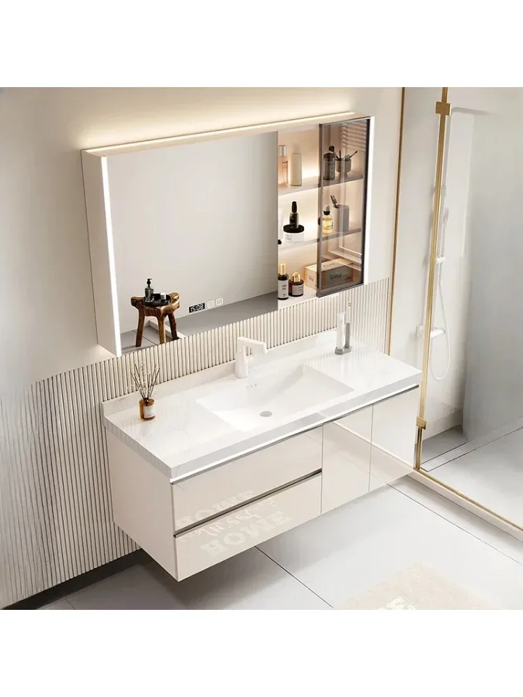 Armário de banheiro estilo creme, placa de rocha, cerâmica, bacia integrada, descanso, espelho, móveis simples para casa