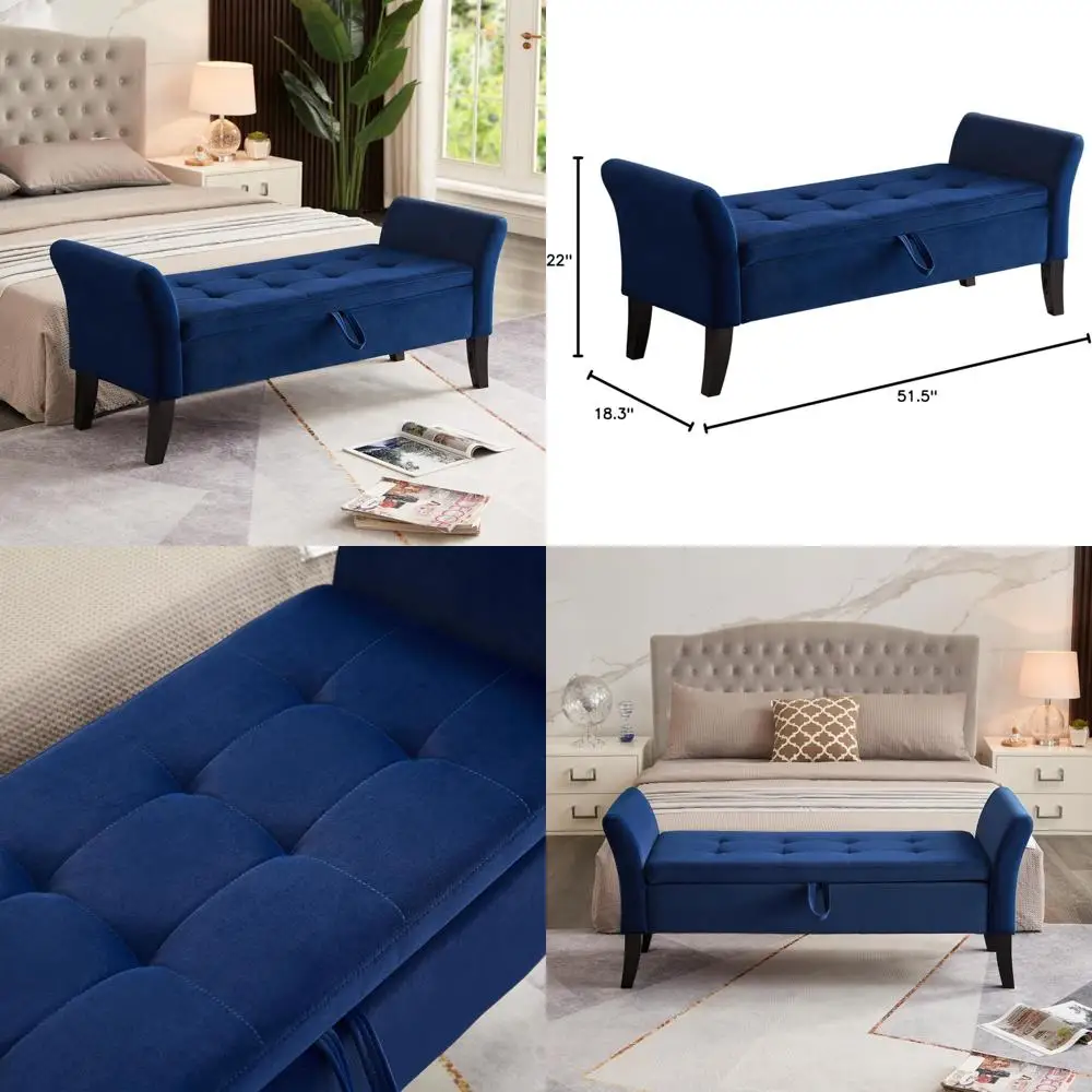 

Upholstered Velvet Storage Ottoman Bench with Solid Wood Legs - End of Bed Furniture, Space-Saving Storage Solution