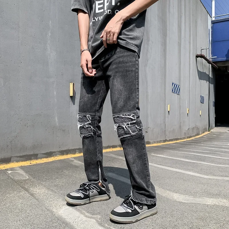 Men Patchwork Spliced Wide Leg Jean Solid Ripped Distressed Denim Washed Full Length Pants Pockets Zipper Fly Loose Vintage