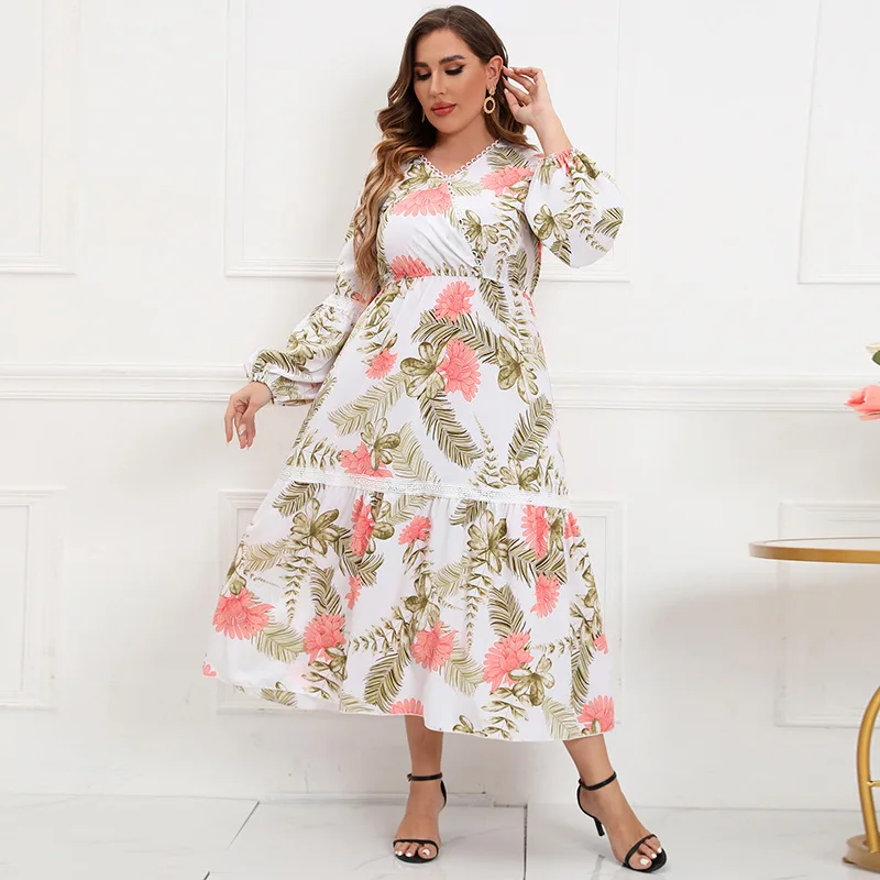 

Spring and Autumn Splicing Lace V-Neck Dress Women's Lace Printing Large Size Long Skirt Fashion Simple Temperament Elegant Holi