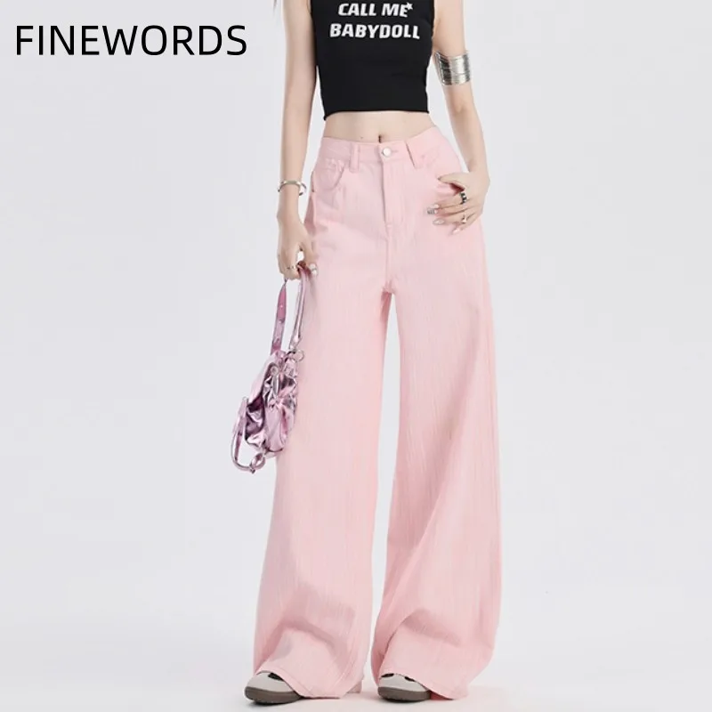 FINEWORDS High Waist Wide Leg Harajuku Jeans Women Korean Vintage Baggy Pink Jeans Streetwear Punk Loose Casual Denim Pants