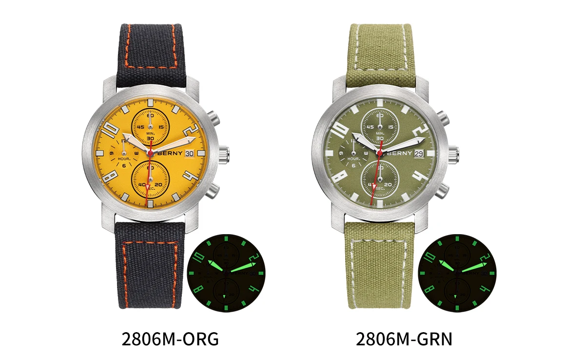 BERNY Chronograph-Uhren für Herren, grün leuchtendes kleines Zifferblatt, multifunktional, leichte Herrenuhr, Saphirglas, 5ATM wasserdicht – Detail 3