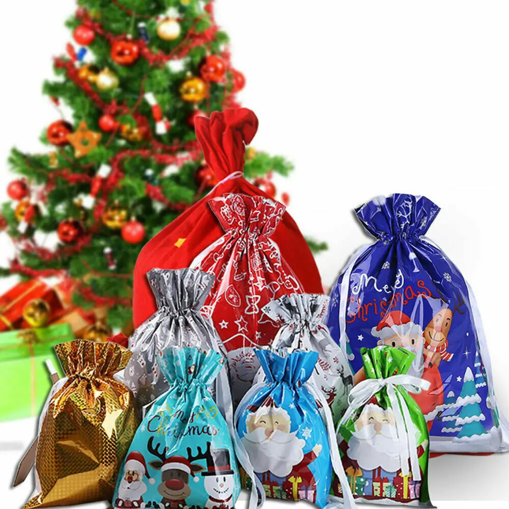 

5Pcs Christmas Candy Gift Bag Plastic Drawstrings Presents Wrapping Bag Xmas Tree Ornament Christmas Decoration New Year 2025