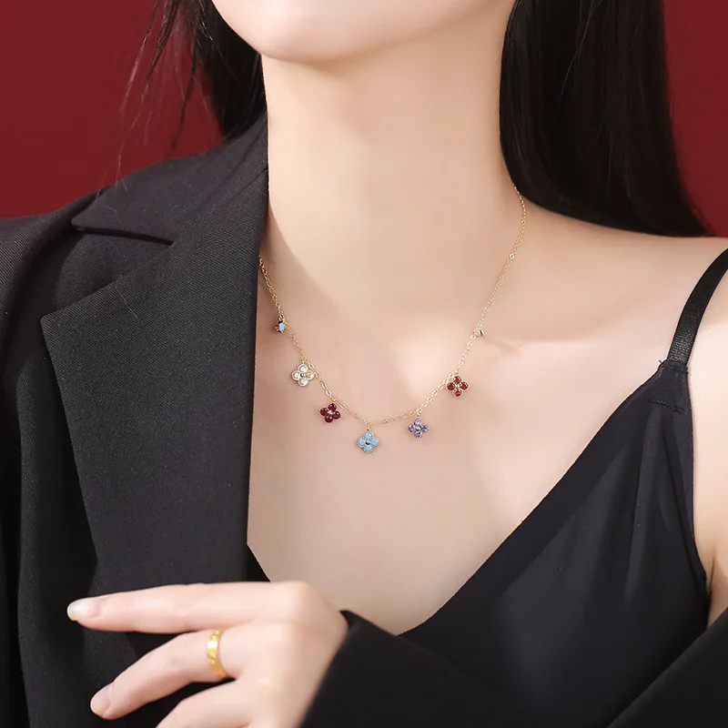 925 Sterling Silver Lucky Clover Four-Leaf Pendant Necklace for Women Colorful Flower Clavicle Chain Fine Jewelry Gifts