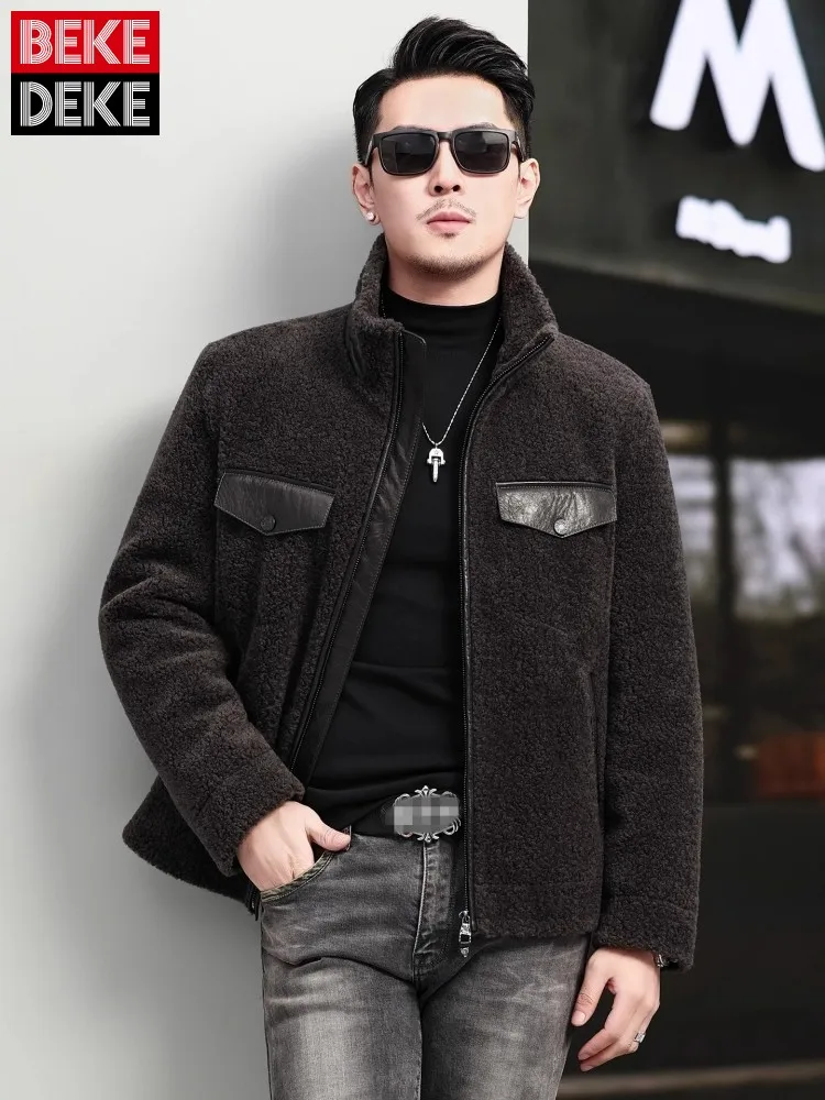 Stand Collar Real Wool Outerwear Winter Mens Business Casual Sheep Shearing Jacket Zipper Spliced Slim Fit Lambswool Short Coat