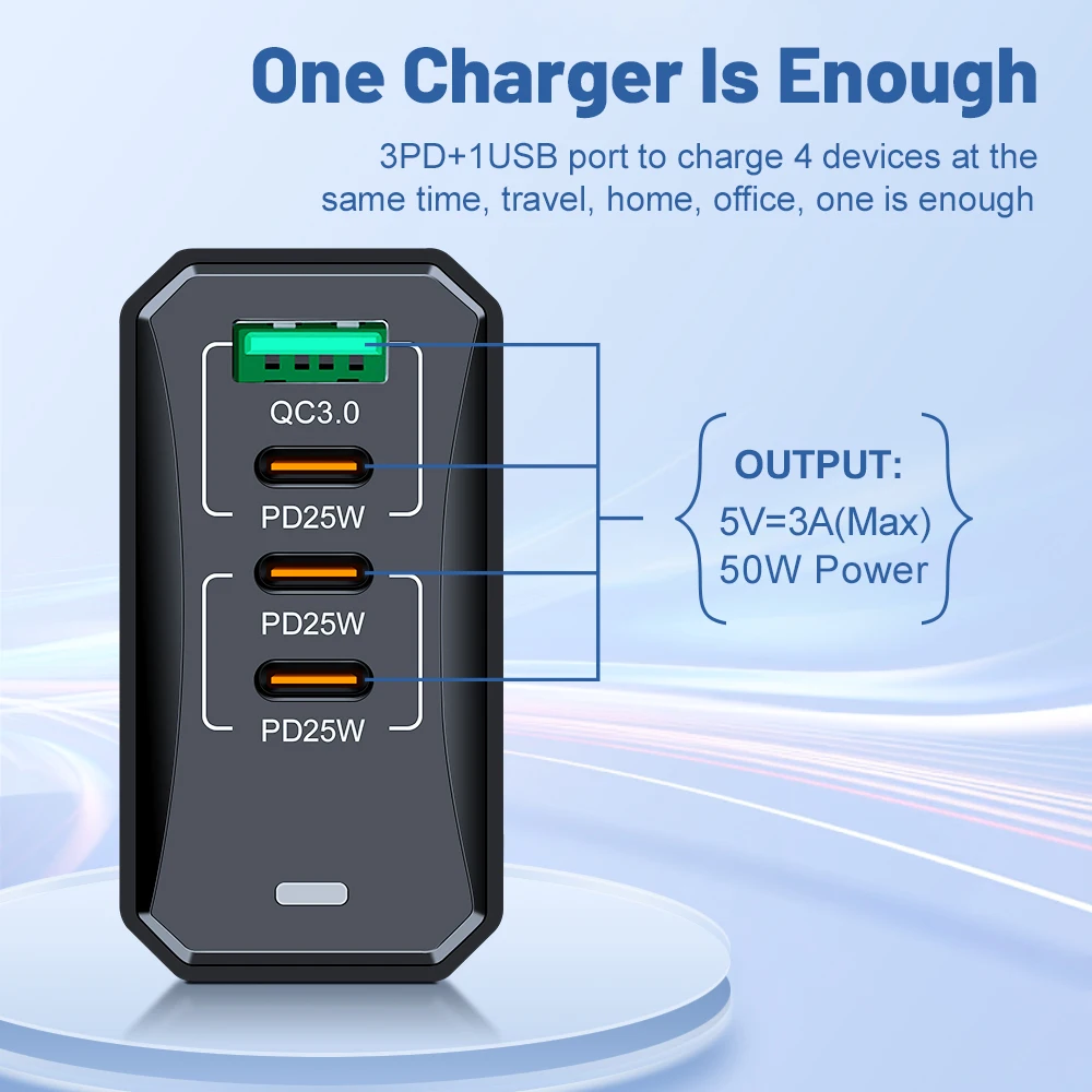 50W 4 Ports Type‑C Fast Charger QC3.0 Travel Wall Charger Power Adapter EU/US/KR Plug Charging For iPhone Samsung Xiaomi Huawei