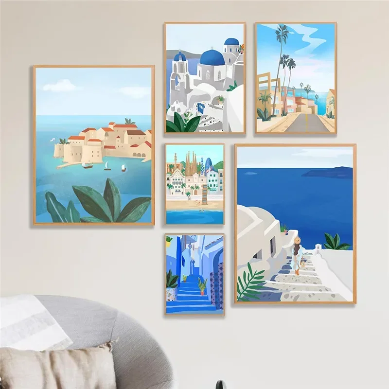 Morocco Barcelona Santorini Blue City Poster Girl Canvas Painting Travel Landscape Wall Art Living Room Decoration Home Decor