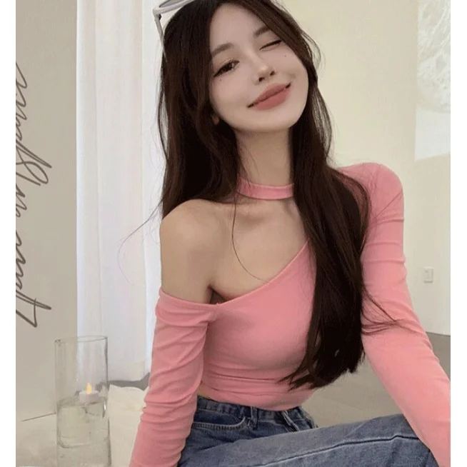 Sexy Shoulder Bared Long Sleeve T Shirt for Women Neck Hanging Design Short And Slim Fit Cotton Polyester Blend Top