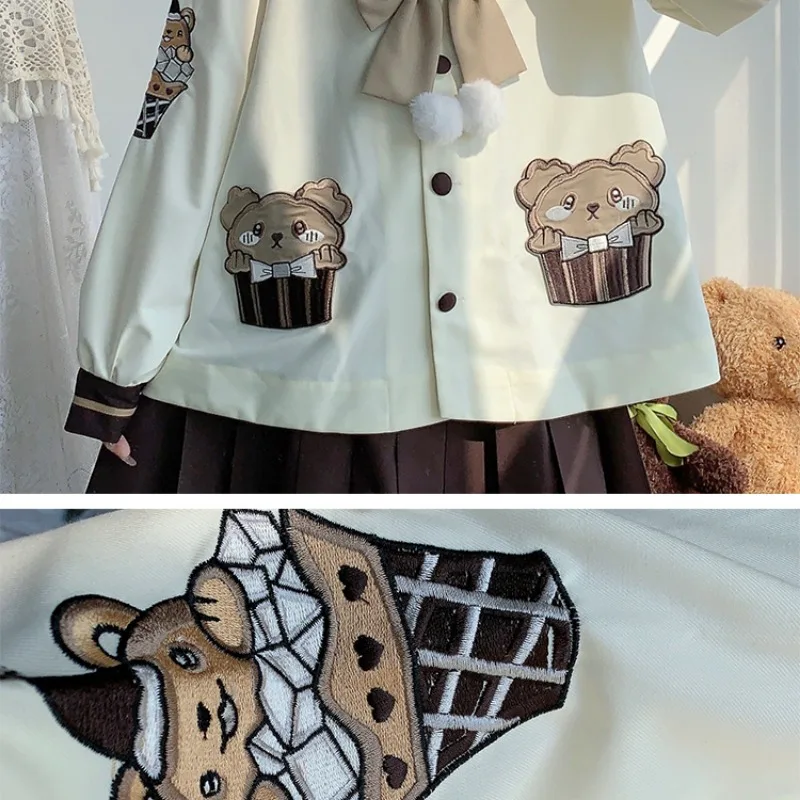 Japanese Sweet Lolita Style JK Uniform Sets Women Cute Bow Sailor Collar Embroidery Bear Coat Pleated Skirt Y2k Mini Skirts Suit