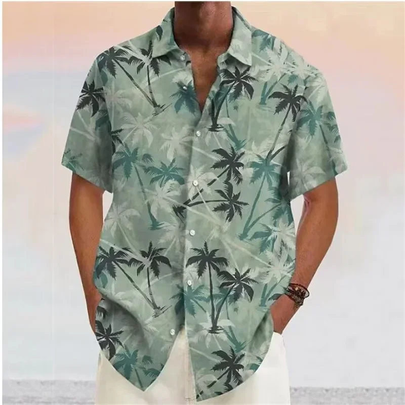 Men\'s Shirts 2024 Coconut Tree Print Lapel Button Down Shirt Red Hawaiian Short Sleeve Fashion Designer Casual Soft 7 Colors Sum