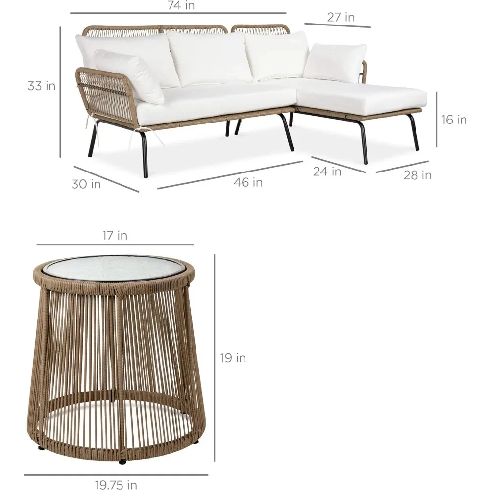 Outdoor Rope Woven Sectional Patio Furniture L-Shaped Conversation Sofa Set, Porch w/Thick Cushions, Detachable Lounger