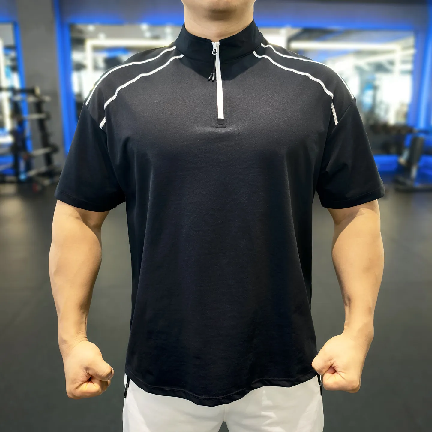 Men's Half-Zip Stand Collar Quick-Dry Sports Short Sleeve Sorona Cotton Feel Loose Fit Stretchy Running Gym Men Shirt Tees
