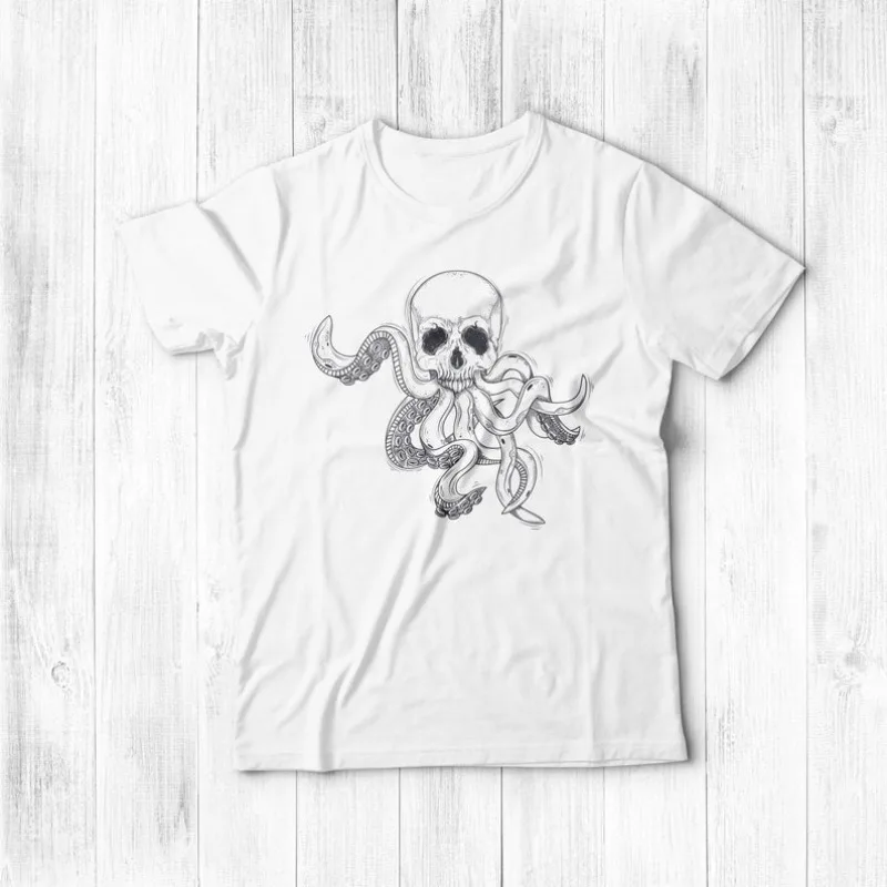 

00013340#A-Skeletal Octopus T-Shirt, Abstract Graphic Tees, Modern Art Aesthetic