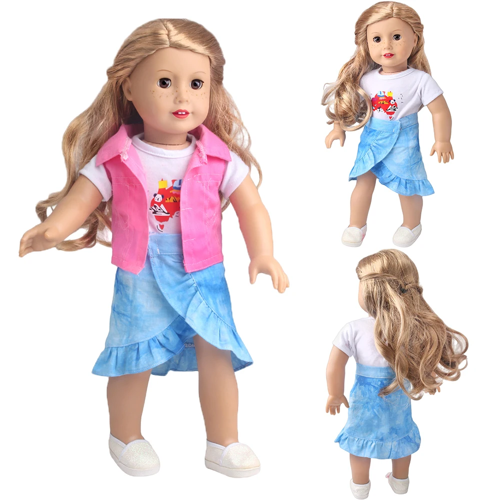 

Модный комплект одежды для куклы 18 дюймов с неровными оборками, розовым жилетом, облегающим бедра, белой футболкой и подходящими аксессуарами.