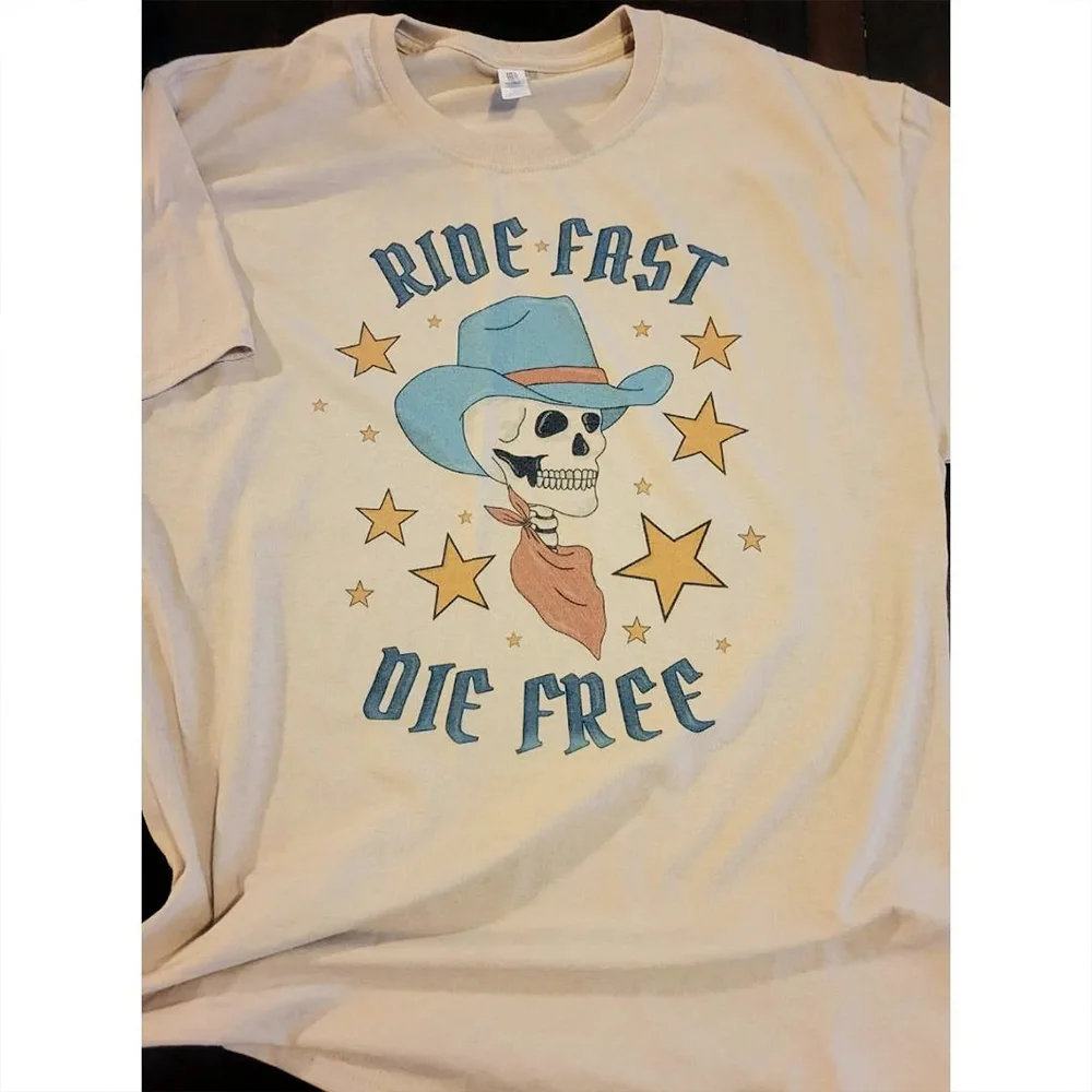 Ride Fast Die Free Funny Cowboy Skull Printing Graphic Western T Shirts Unisex Men Women Loose Cotton Short Sleeve Casual Tees