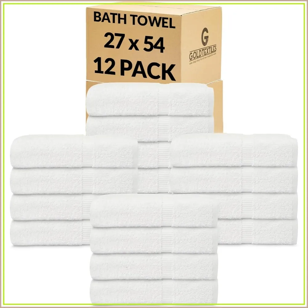 12 Pack White Cotton Bath Towels 27x54, Soft Absorbent Hotel Spa Towel Set