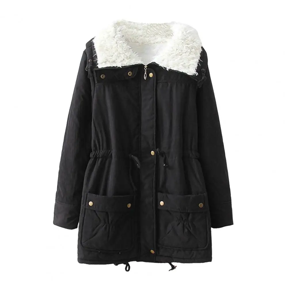 Manteau coupe-vent mi-long pour femme, veste en peluche, fermeture à glissière, taille élastique, col rabattu, chaud, hiver