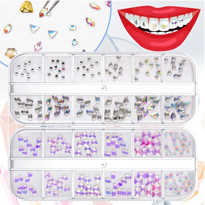 12 Grids Dental Tooth Gems Kit Tooth Gems Crystals Diamonds Horse Eyes, Butterflies, Hearts Various Shape Oral Decorations