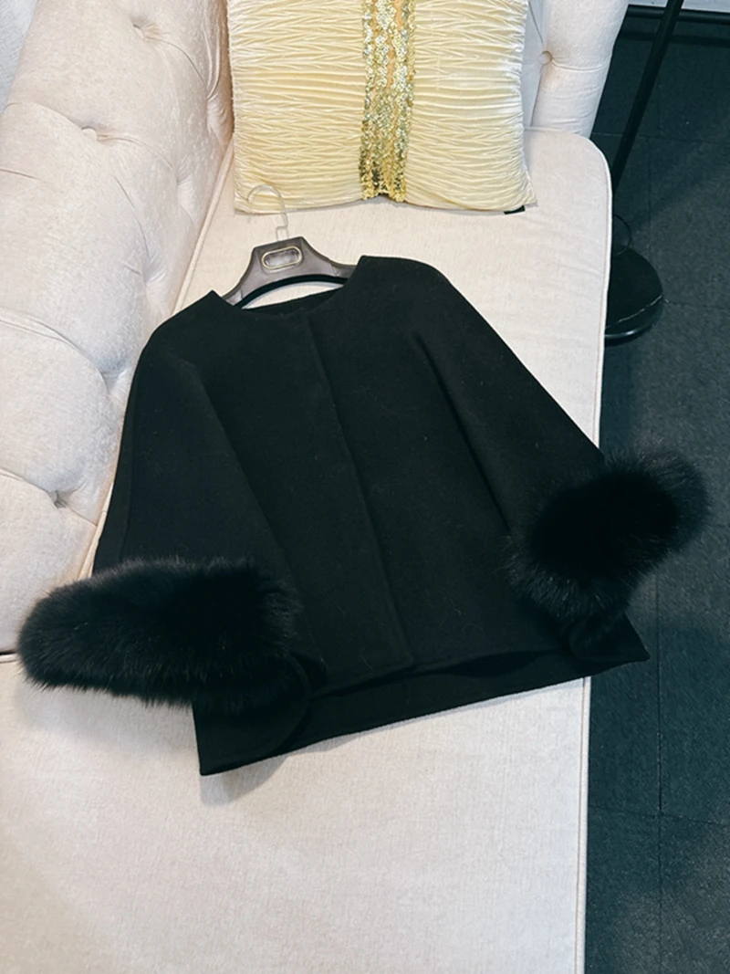 

Двустороннее шерстяное пальто Bla с меховым воротником в стиле ретро, элегантное пальто для женщин невысокого роста