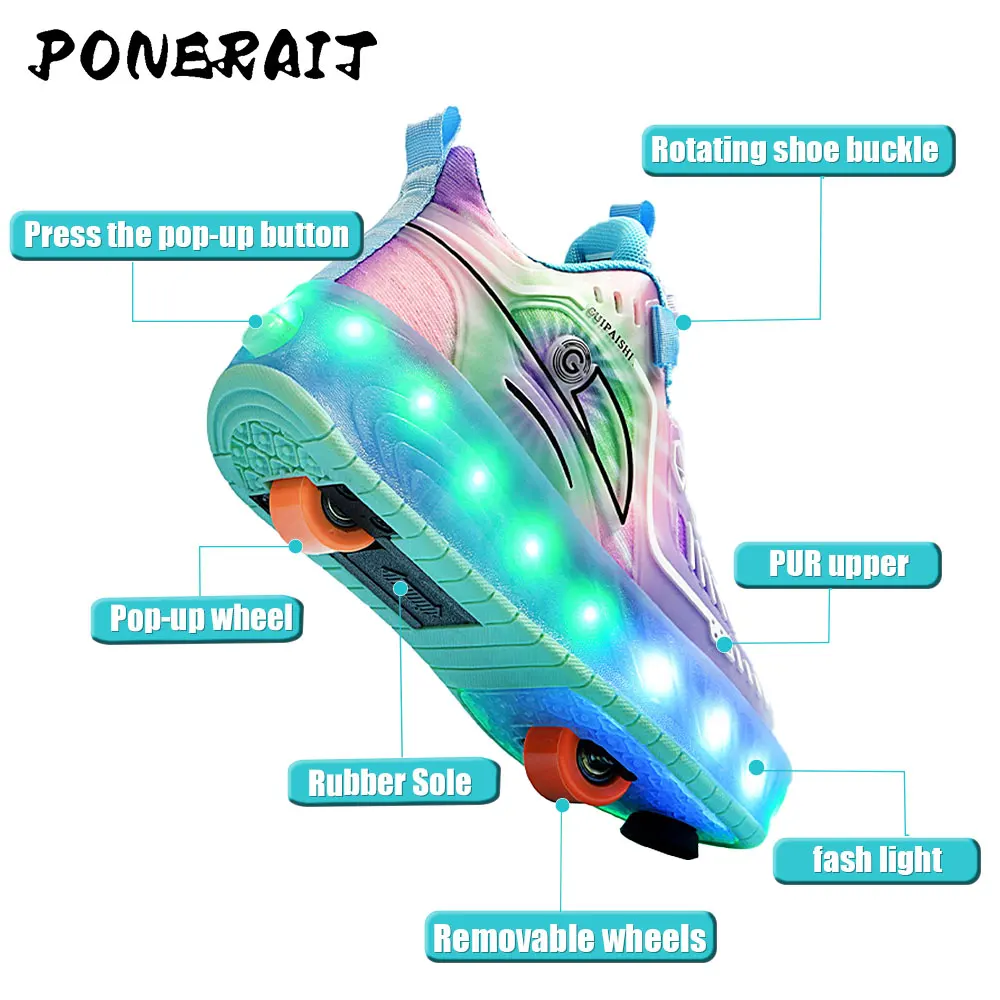 Women 2-Wheel Roller Skates Fashion Girl\'s Sneakers With Wheels Retractable Dual-purpose Kids Skating Sports Shoes