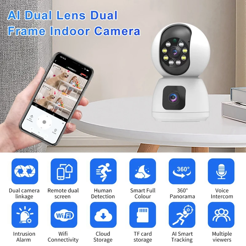 Wifi IP Camera Dual Lens Dual Screen Baby Monitor Home Security Camera PTZ Auto Tracking CCTV