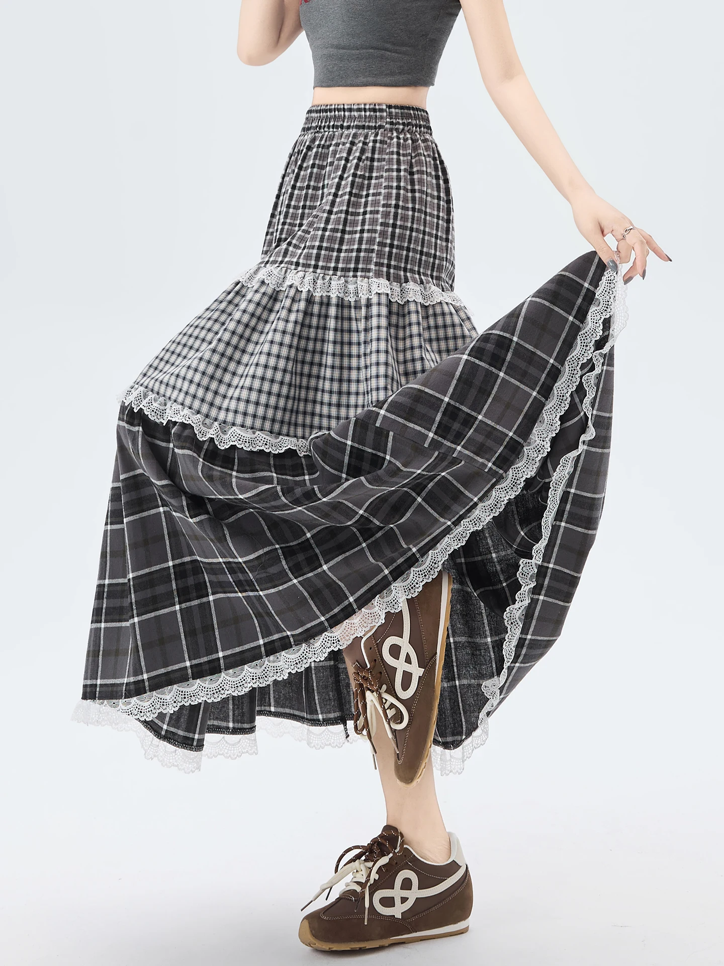 

Ретро-юбка в корейском стиле с клетчатым узором и кружевной отделкой, женская летняя юбка-полусолнце с высокой талией, А-силуэт, драпированная, в стиле «торт», для повседневной носки