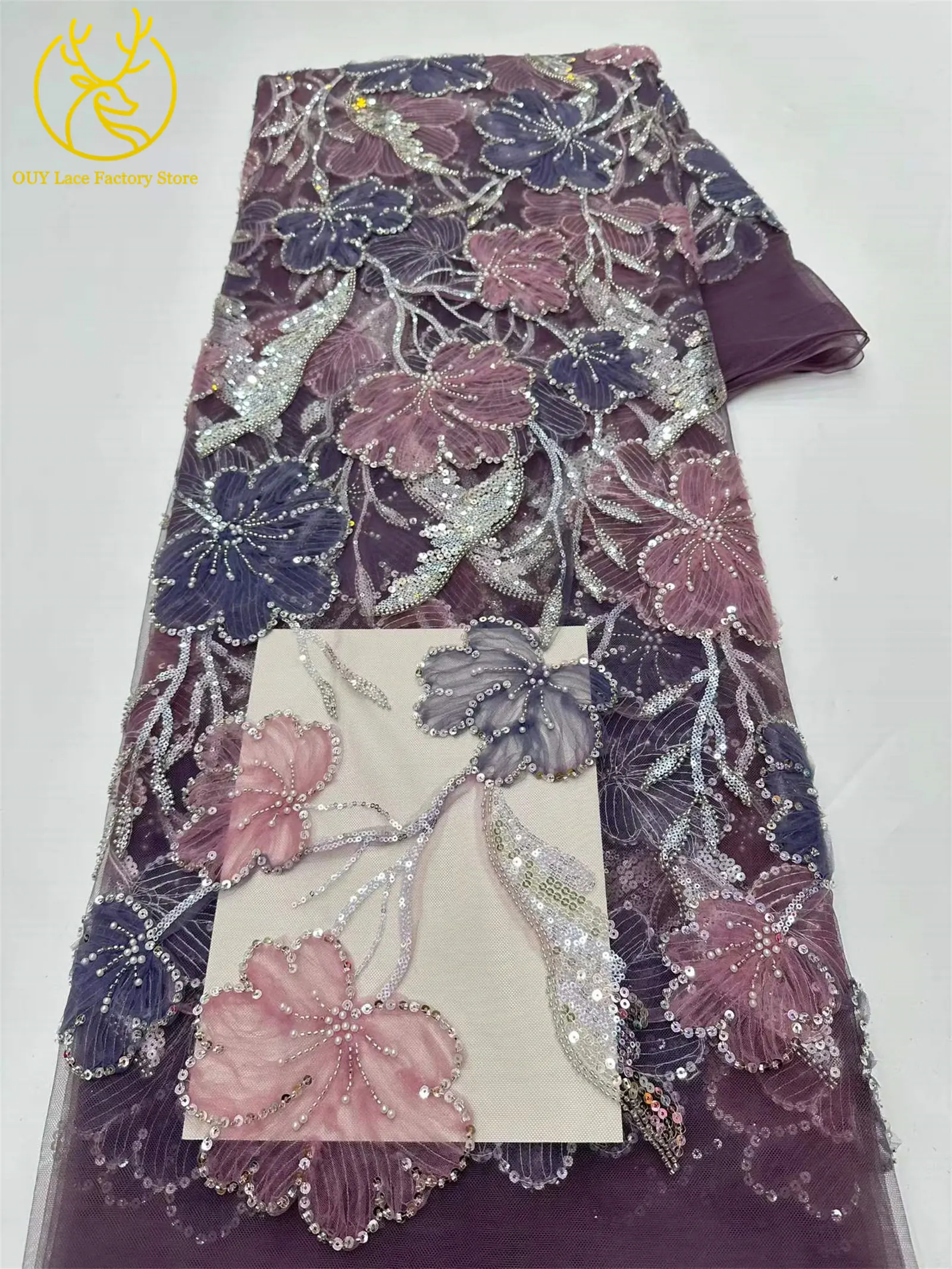 5 Yards Modischer Nigerianischer Pailletten-Tüll-Spitzenstoff 2026 Afrikanischer Perlen-Spitzenstoff Französische Spitze für Hochzeitskleider und Partykleider zum Nähen – Detail 7