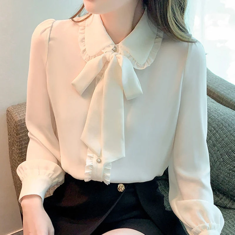 Bow Tie White Chiffon Shirt 2022 Spring Summer Korean Fashion Blouse Lace Elegant Long Sleeve Shirt for Female Casual Clothing