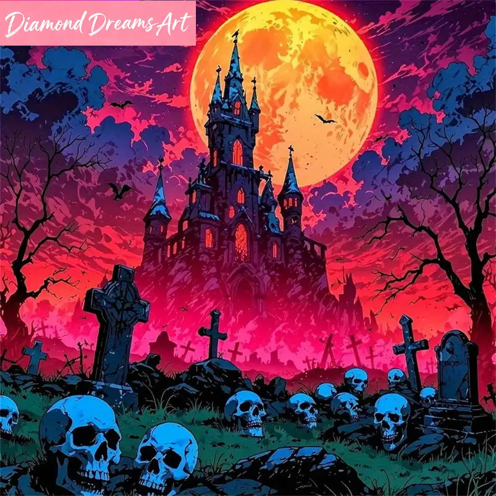 

Алмазная мозаика «Замок и Луна» DIY, подходит для начинающих, алмазная мозаика с изображением скелета, домашний пейзаж, подарок на Хэллоуин, без рамки