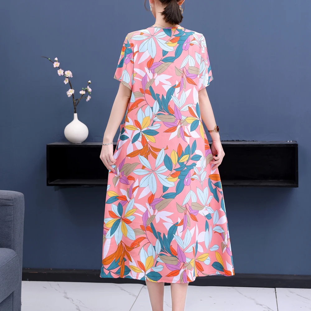 New Fashion Casual 2023 Summer Dresses For Women Vintage Short Sleeve O-Neck Printing Loose Floral Dress Women Clothes