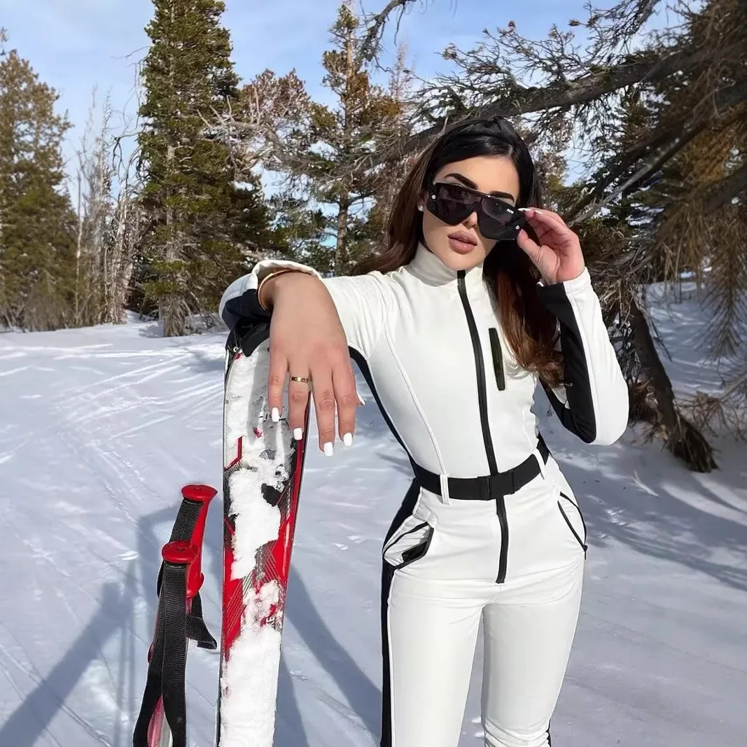 Bodysuit Ski Fleece Satu Potong Elegan untuk Wanita, Jumpsuit Ski Lengan Panjang Anti Air dan Angin dengan Patchwork