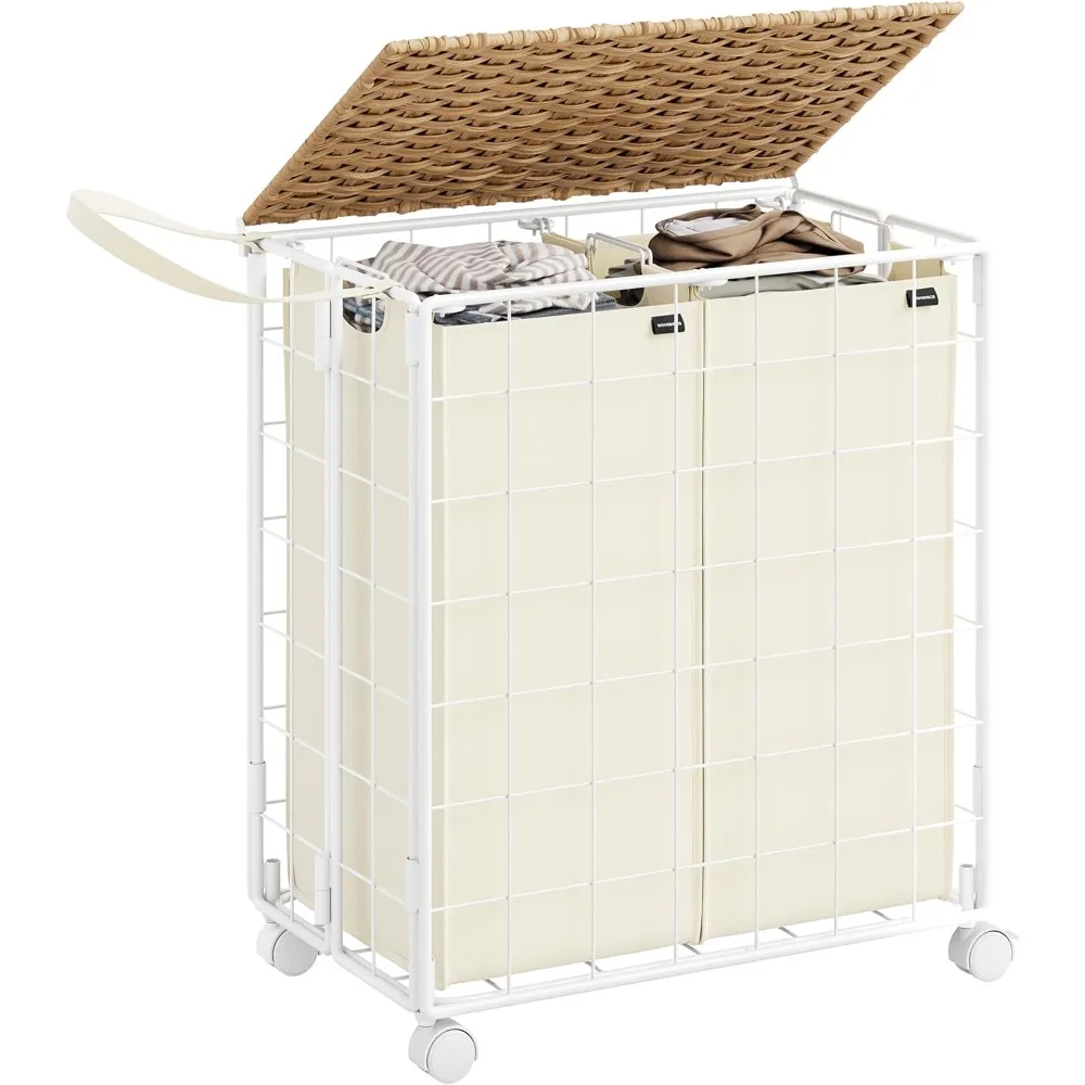 110L Laundry Basket with Ratten Lid, Clothes Hamper with Wheels, Collapsible Removable Liner Bag, Iron-Made Laundry Sorter