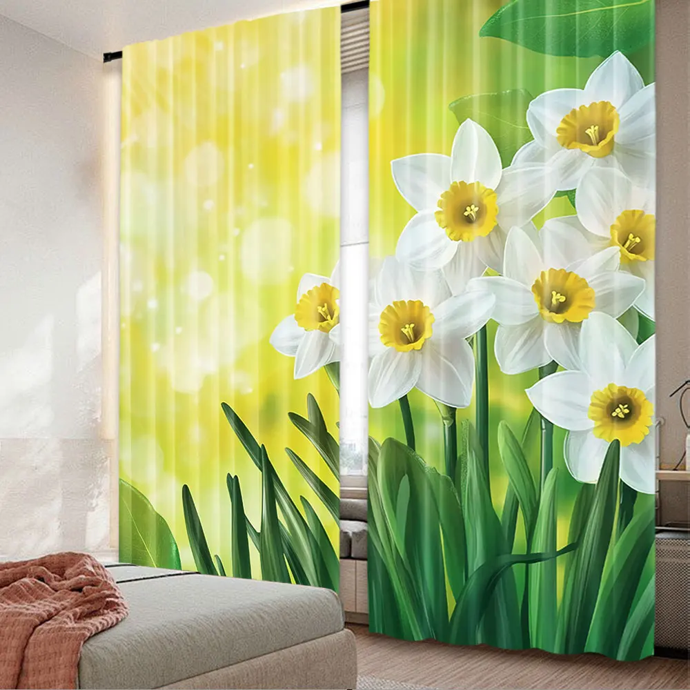 2Pcs Daffodil Shower Curtain Daffodils Under Vibrant Tree Branch Leaves Petals Seasonal Bedroom Living Room Bathroom Decor