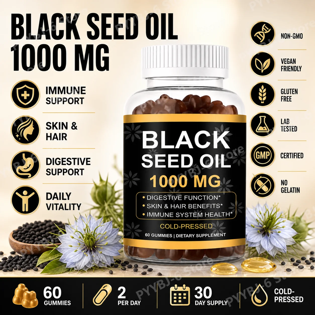 Black Seed Oil Gummies 1000mg Cold-Pressed Daily Wellness Supplement for Skin Hair Digestive and Immune Support 60 Gummies