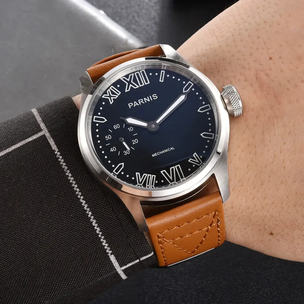 

Parnis 46 мм механические ручные ветровые часы мужские черные циферблаты светящиеся водонепроницаемые наручные часы с кожаным ремешком мужские