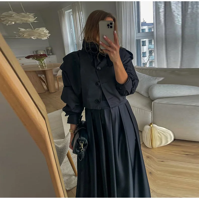 Revers-Langarm-Plissee-Kurzmäntel für Damen, Street-Style, mit Umlegekragen, Epauletten, einreihige Jacken, schicke Damen-Oberbekleidung, neu – Detail 9