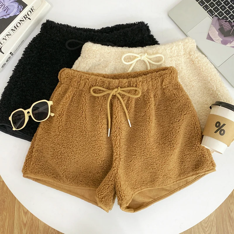

Осень-зима, новые теплые шорты из овечьей шерсти, женские модные шорты с эластичной резинкой и высокой талией, широкие шорты, универсальные ботинки, шорты