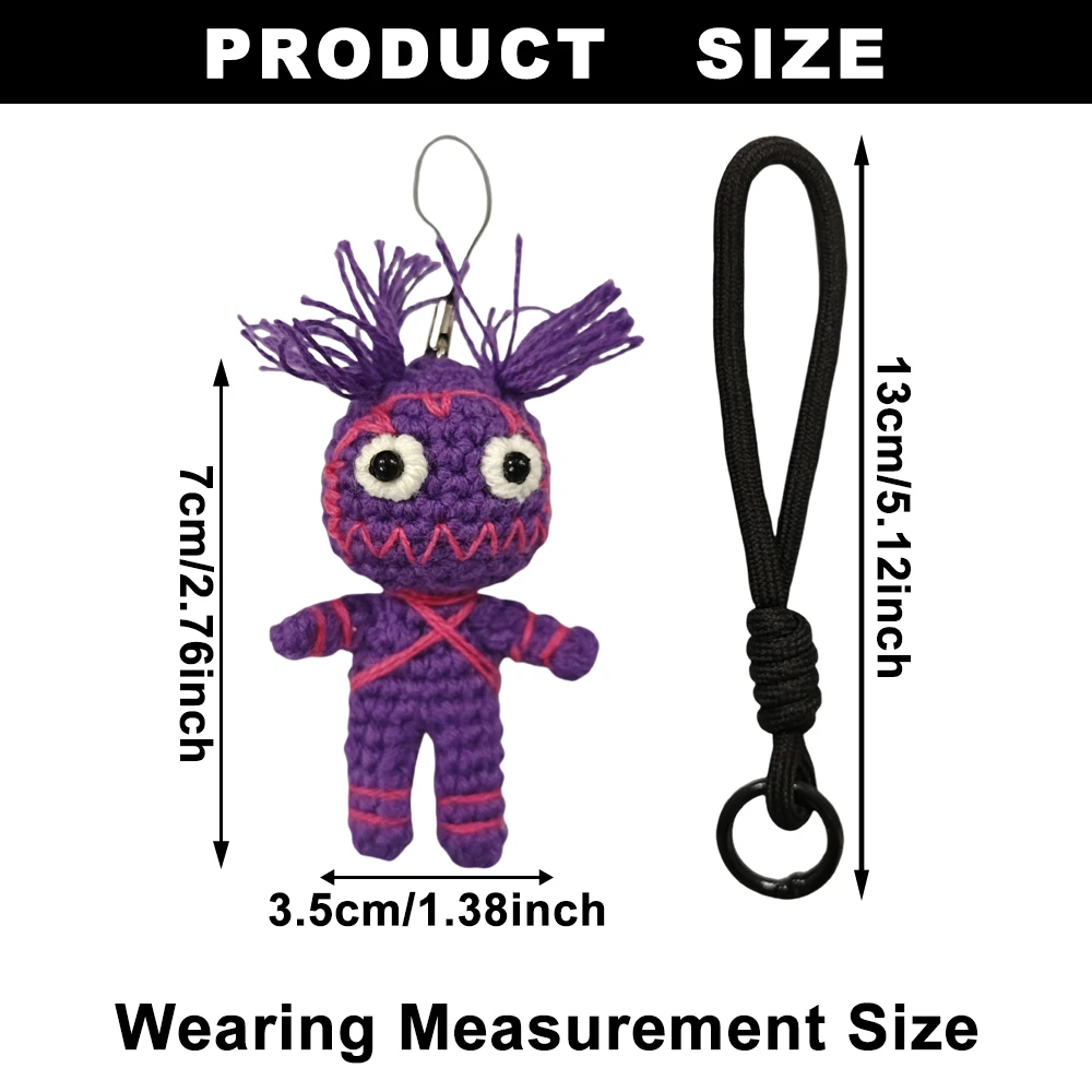 Muñeca vudú púrpura de 7cm, llavero de hija querida, llaves de coche, bolsos, colgantes, regalo hecho a mano para Halloween, Cosplay, accesorio de brujería