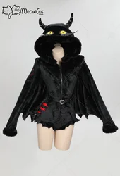 Meowcos Women Gothic Hooded Loungewear Black Demon Plush and Warm Bodysuit Homewear with Stockings Halloween Cosplay Costumes