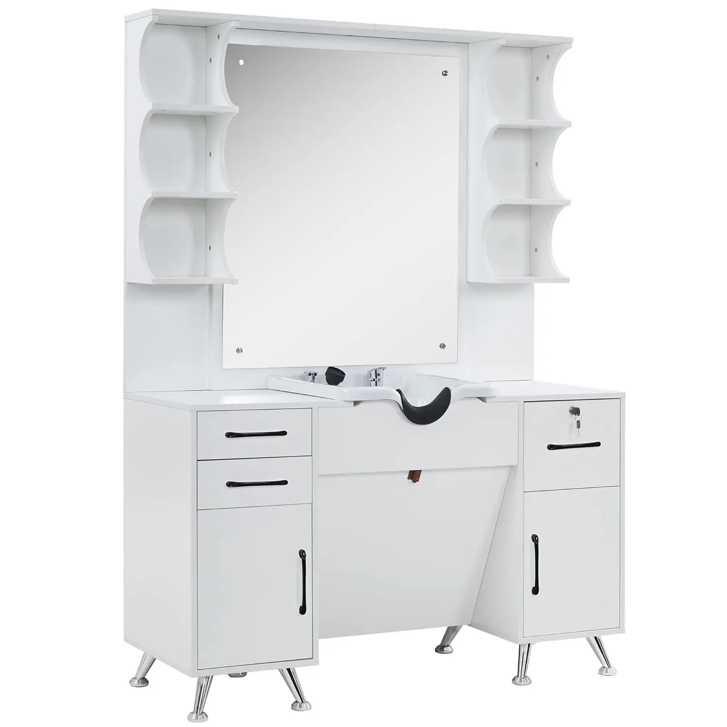 

Backwash Shampoo Bowl Cabinet, Wall Mount Station with Mirror, Storage Cabinet with Drawers & Shelf Salon Equipment for Barber S