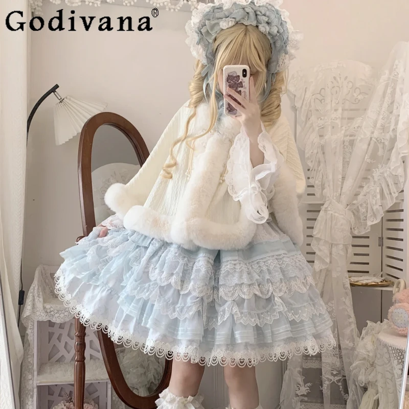 

White Lolita Capes Female Sweet Girls Plush Hooded Cloak Lady Warm and Thickened Ponchos Jackets mujer Autumn and Winter 2024